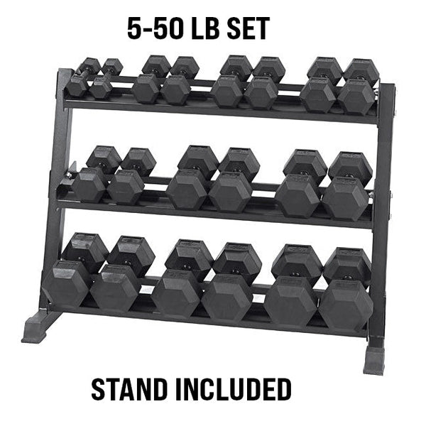 5-50lb Virgin Rubber Hex Dumbbell Set with 3 tier Rack