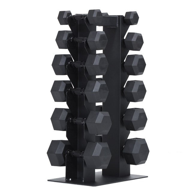 5-30lbs Virgin Rubber Hex Dumbbell Set (5, 10,15, 20, 25, 30lbs) with 6-Pair Vertical Rack